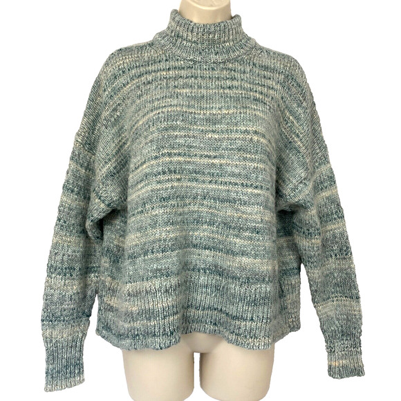J Crew Chunky Wool Sweater Womens Small Blue Marled High Neck Boxy Crop Oversize - Picture 1 of 13